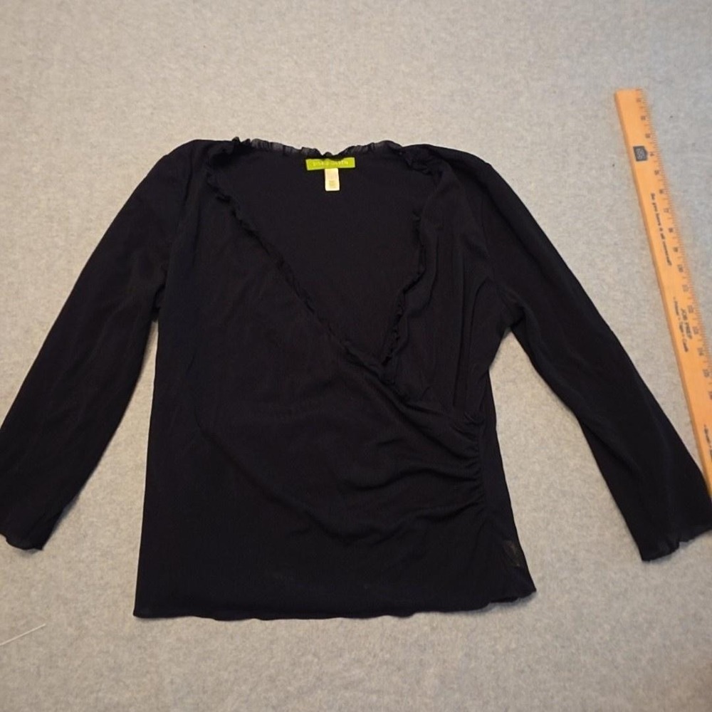 Sigrid Olsen Blouse Womens‎ L Black Ruffle Wrap V Neck Long Sleeve Jersey Top